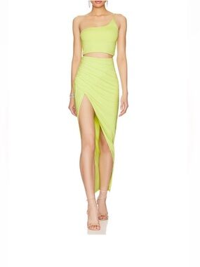 superdown Neon Lime High-Slit Ruched Asymmetrical Maxi Skirt